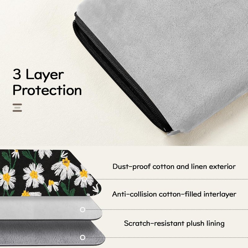 Dadanism Embroidered Daisy Padded Sleeve for All-New Kindle Paperwhite, 7" Kindle Colorsoft Signature Edition, Protective Sleeve Case for 6" K-indle/K-indle Oasis/Kobo E-Reader, Black & White Daisy - Image 3